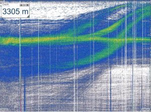 Different layers (as green lines) of mesopelagic organisms, observed from an echogram.  